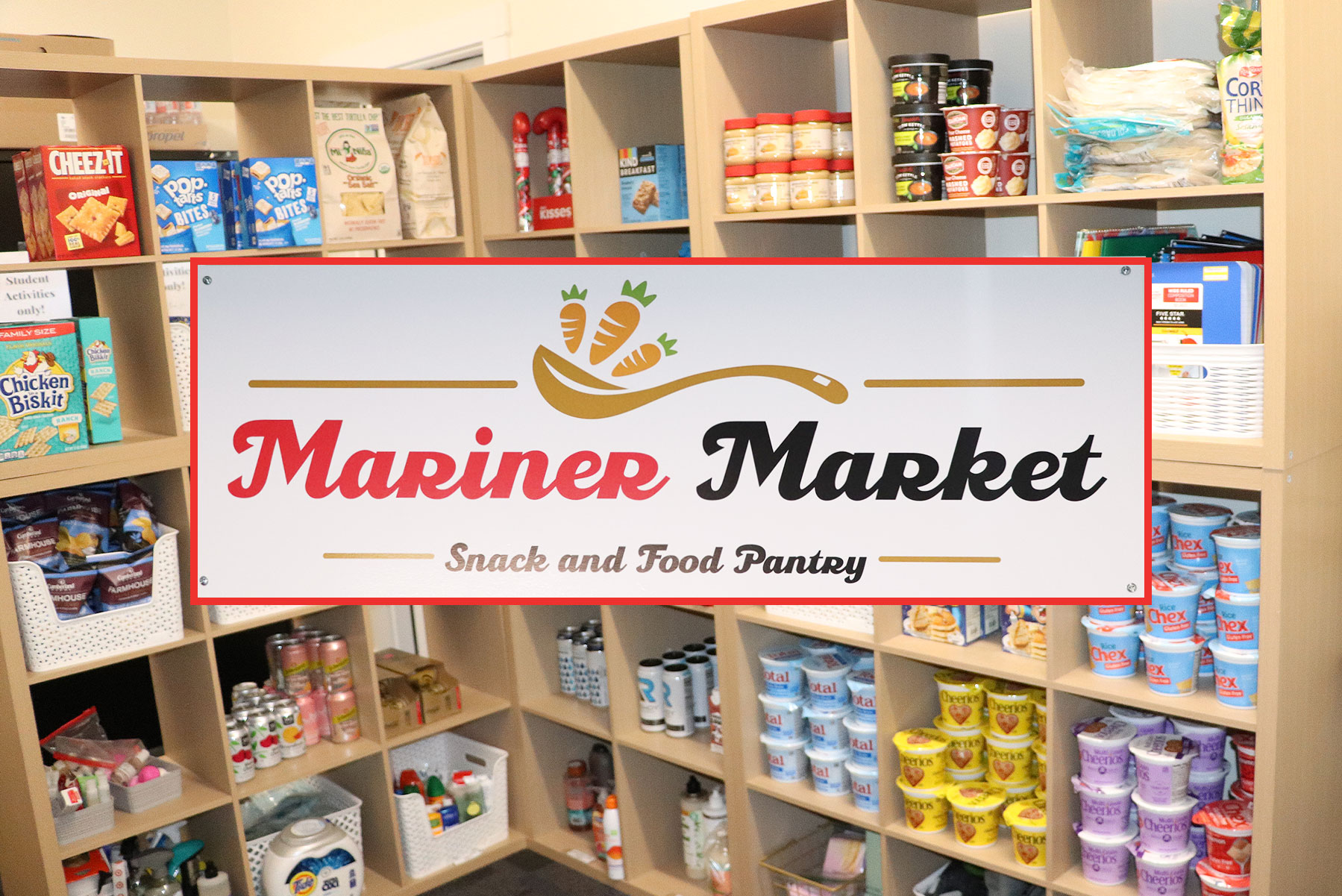 Shelving stocked with food at the Mariner Market